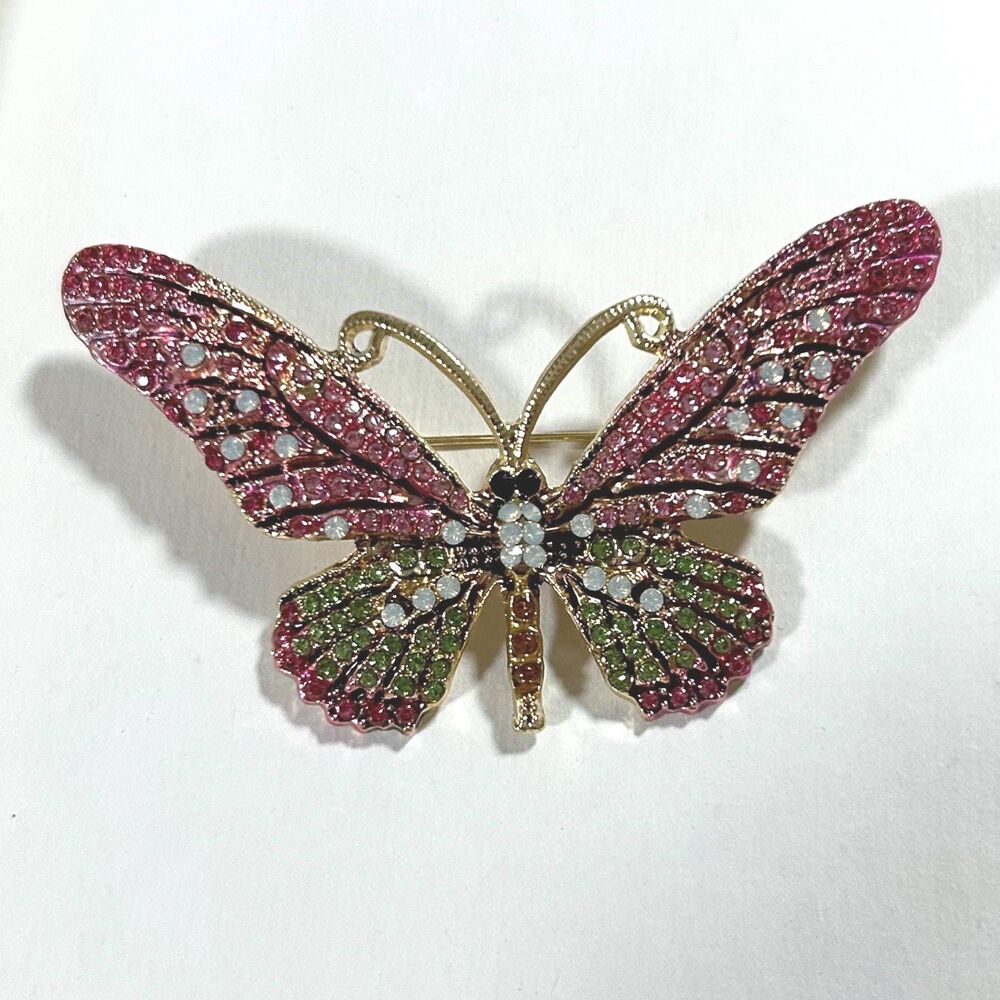 Pink Green Crystal Butterfly Brooch: Rhinestone Insect Pin, Statement Jewelry